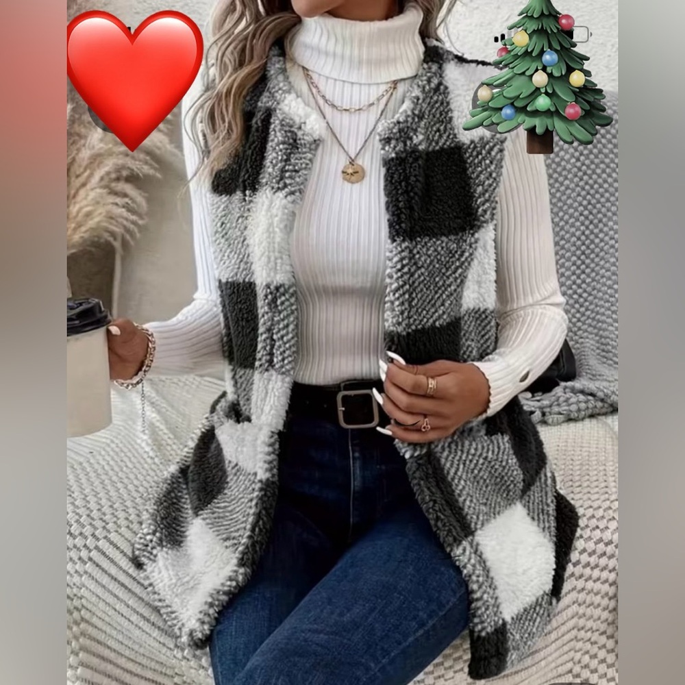 Plaid Black and White women Sleeveless large Shirt